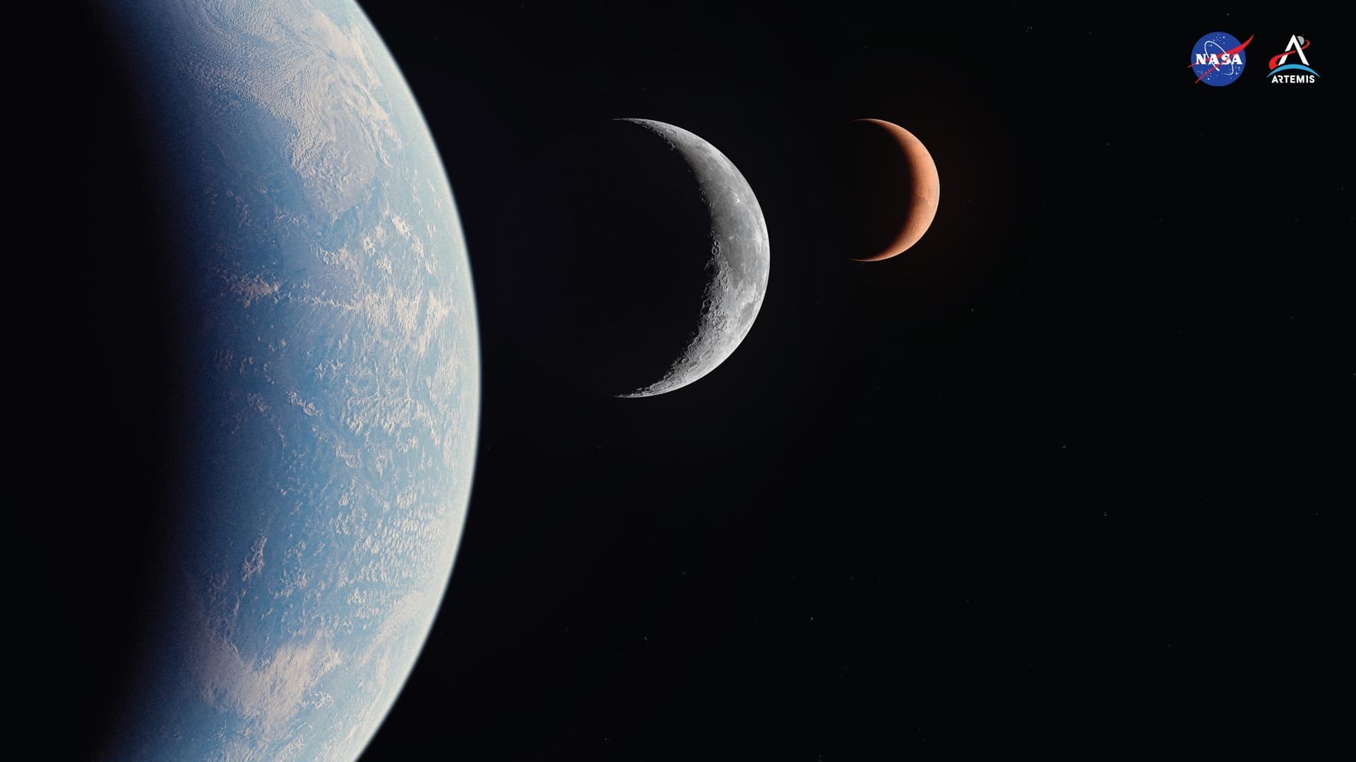 NASA artwork showing the path from Earth to Moon to Mars as part of the Artemis program