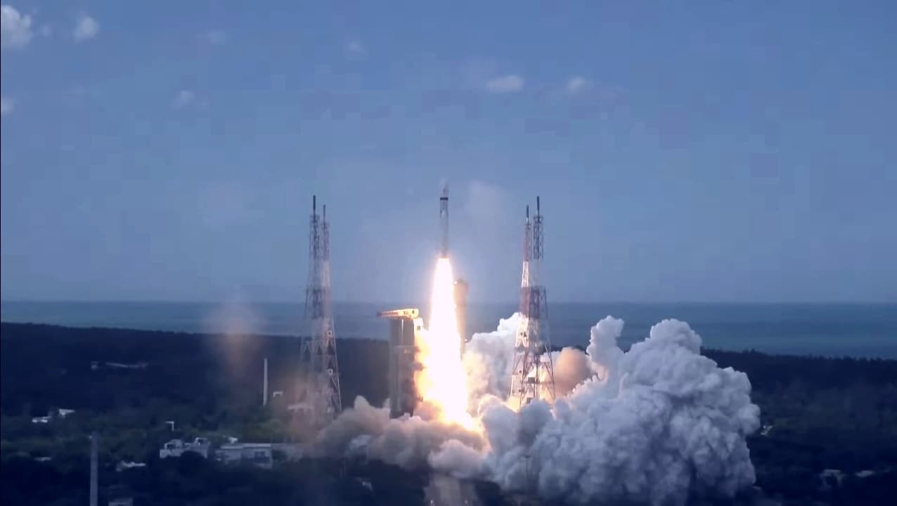 Chandrayaan-3 LVM3 rocket lifting off from the Satish Dhawan Space Centre at Sriharikota