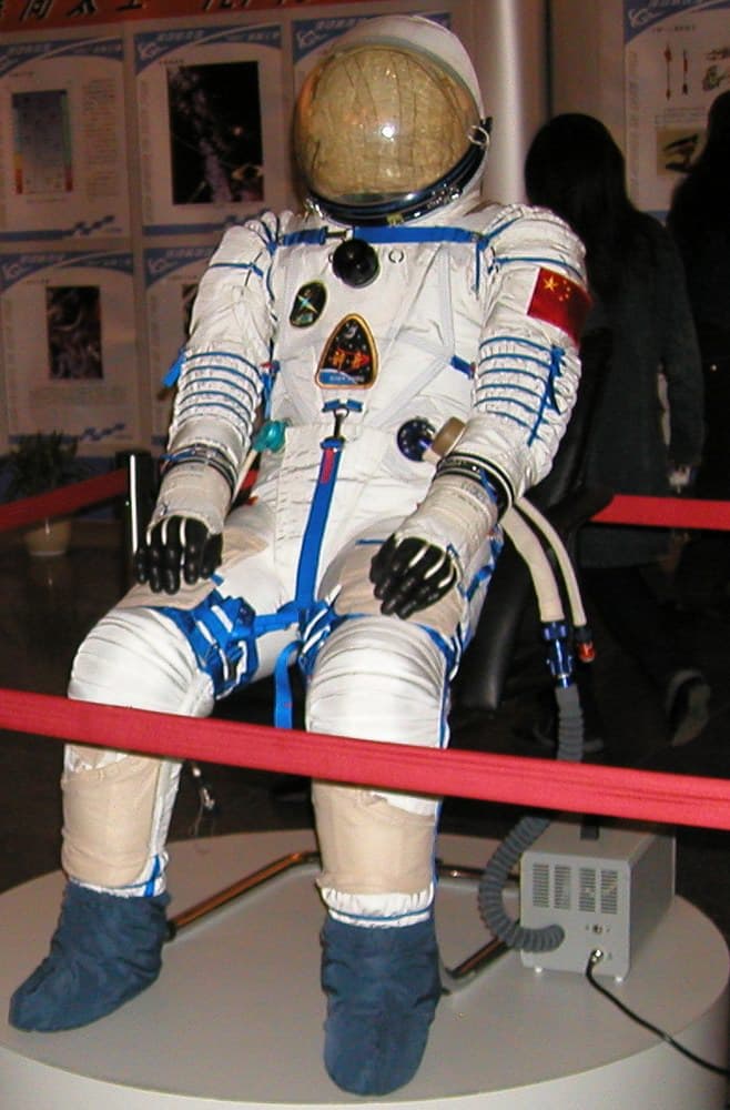 Yang Liwei wearing the Shenzhou spacesuit he used to become China's first taikonaut on October 15, 2003