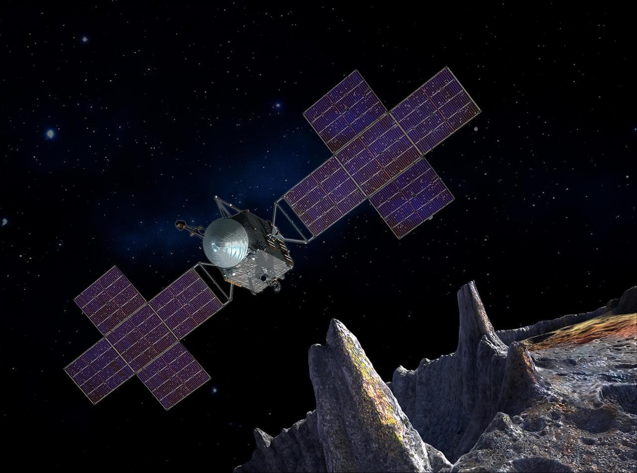 NASA's Psyche spacecraft with its large solar arrays, designed to explore a metal-rich asteroid