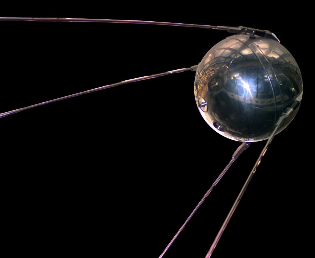 A replica of Sputnik 1, humanity's first artificial satellite, launched by the Soviet Union on October 4, 1957
