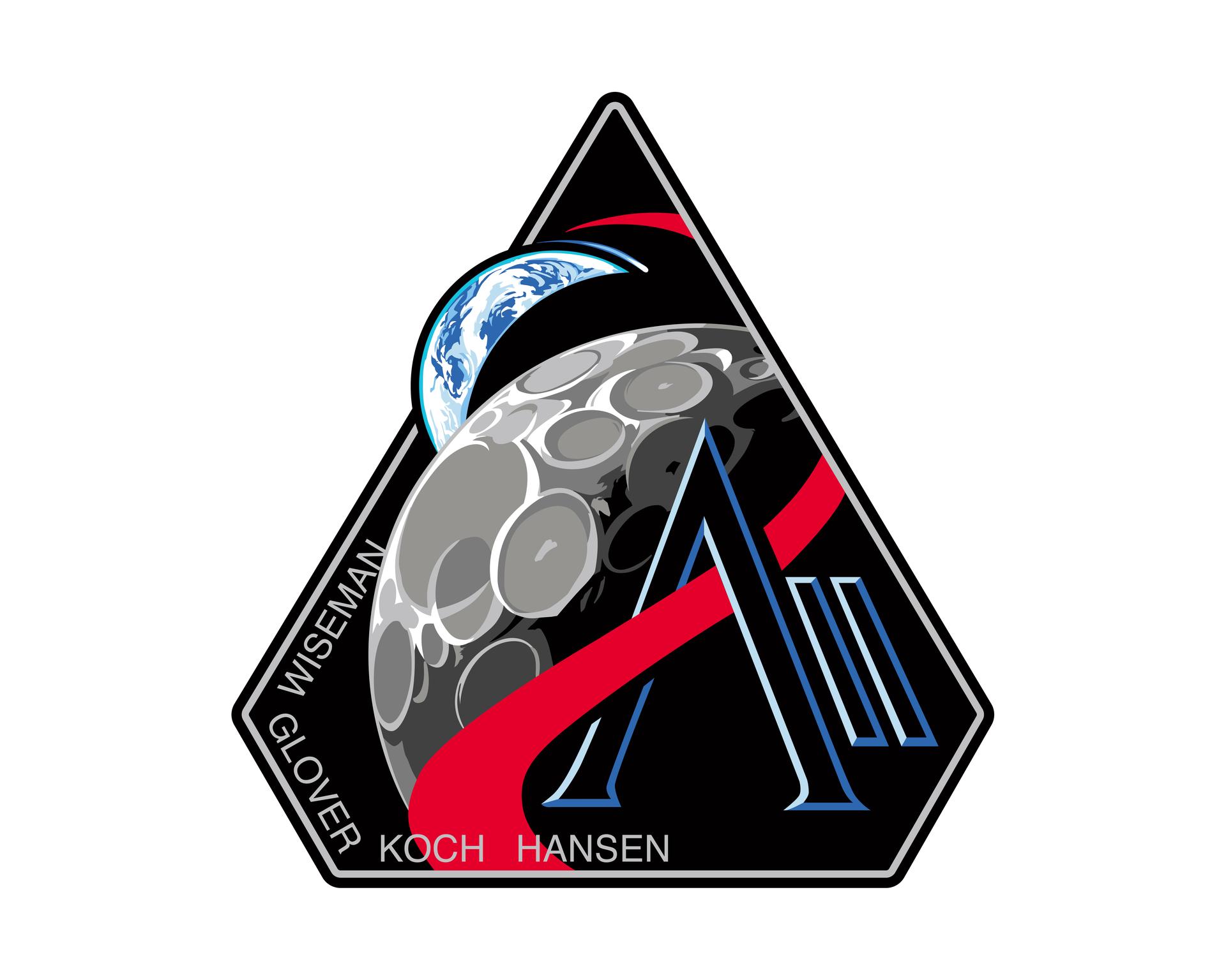 The official Artemis II mission patch featuring the Moon, Earth, and crew names — Wiseman, Glover, Koch, Hansen