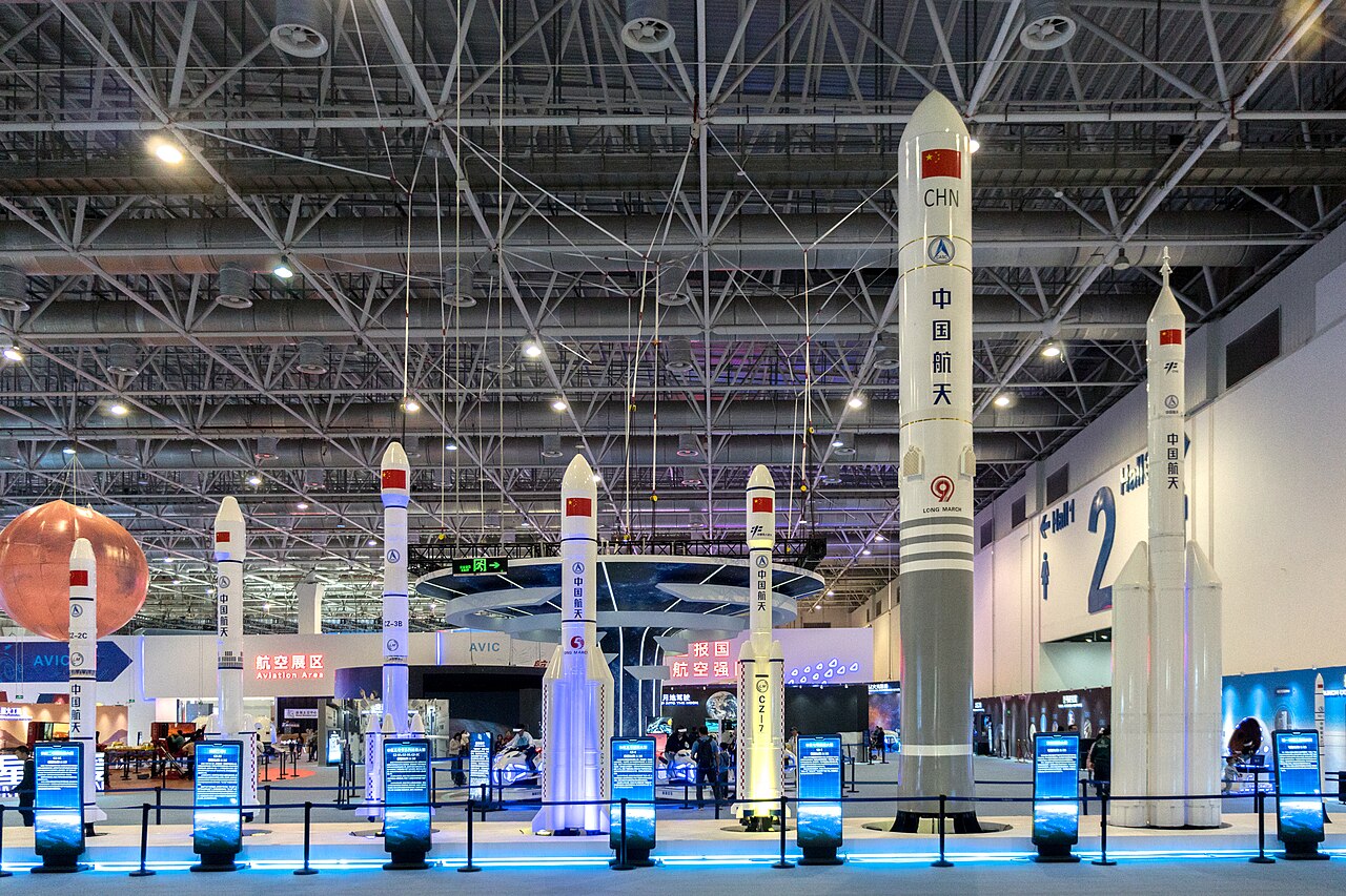 Long March rocket family mockups at Zhuhai Airshow showing evolution from LM-1 to LM-9 super-heavy