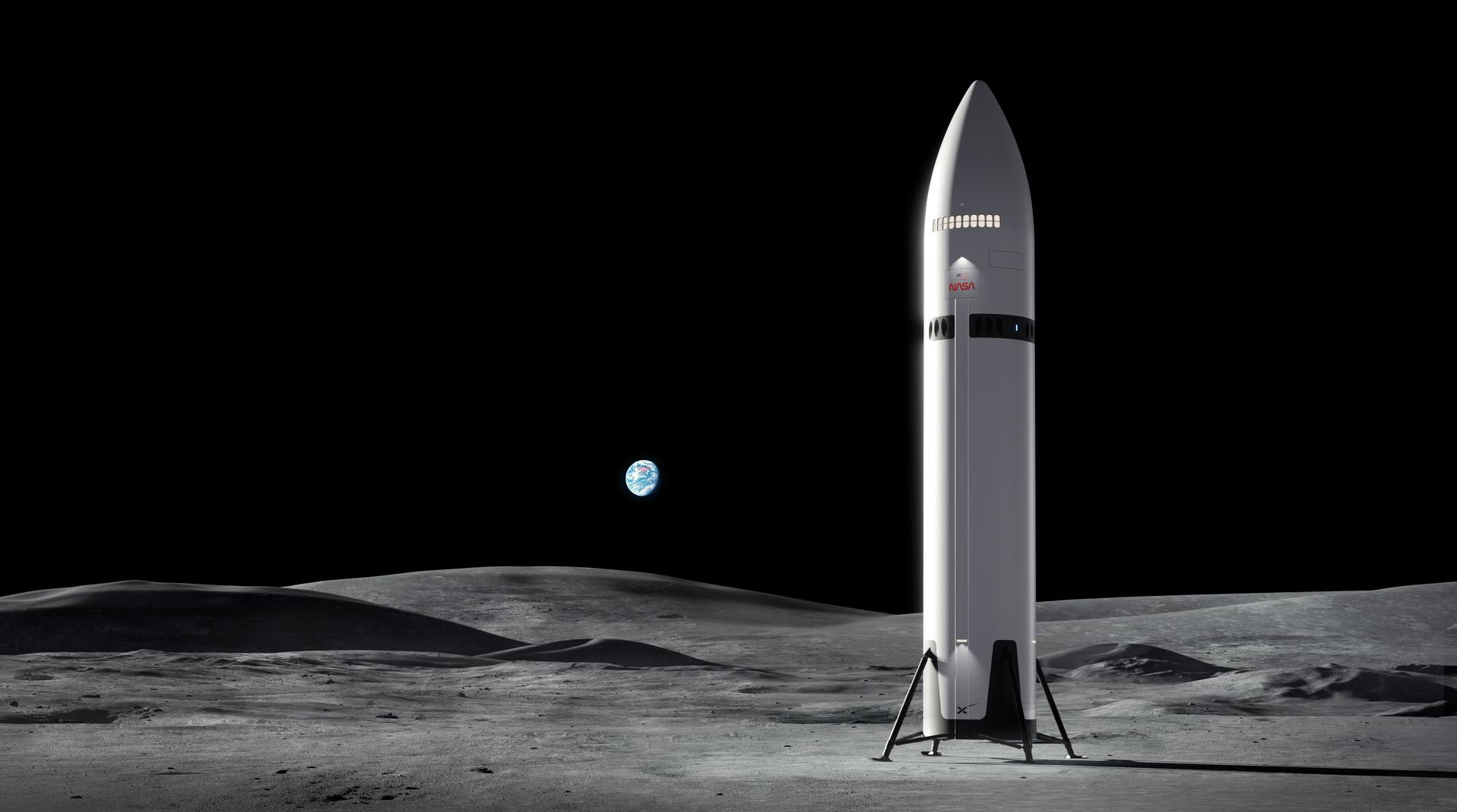 Artist's concept of SpaceX Starship Human Landing System on the lunar surface near the south pole for NASA's Artemis program