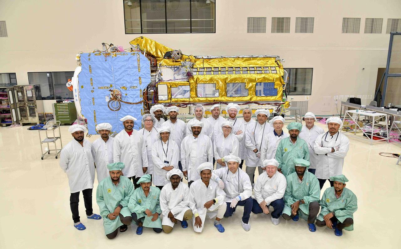 NISAR satellite components being assembled by a joint team of NASA and ISRO engineers
